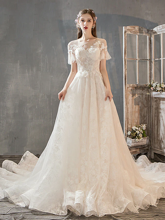 Princess A-Line Wedding Dresses Jewel Neck Court Train Lace Tulle Short Sleeve Romantic with Bow(s) Beading