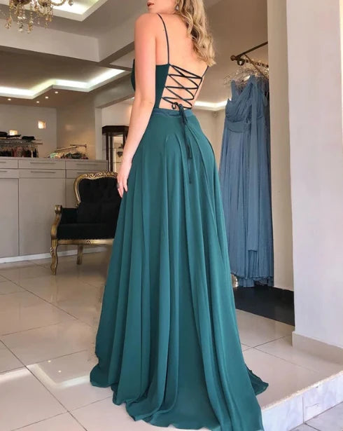 A-Line Open Back Chiffon Long Dress Bridesmaid Dresses With Slit Wedding Guest Dress Sexy Evening Dress