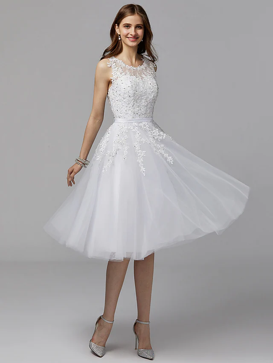 A-Line Elegant Floral Homecoming Prom Dress Illusion Neck Sleeveless Tea Length Lace Satin with Beading