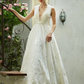 A-Line Wedding Dresses Plunging Neck Lace Over Tulle Sleeveless See-Through Beautiful Back Illusion Detail with Sash Ribbon