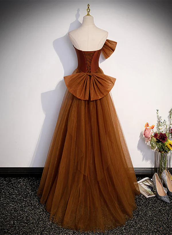 Mermaid Brown Tulle Satin Strapless Long Party Dress Formal Dress Prom Dress With Bow(s)