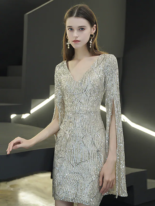 Sparkle Elegant Homecoming Cocktail Party Dress V Neck Long Sleeve Short Mini Sequined