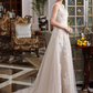 A-Line Wedding Dresses V Neck Court Train Lace Tulle Regular Straps Romantic Illusion Detail with Beading