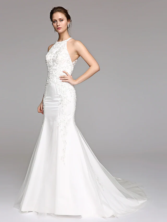 Wedding Dresses Halter NeckLace Over Tulle Regular Straps Sexy Illusion Detail