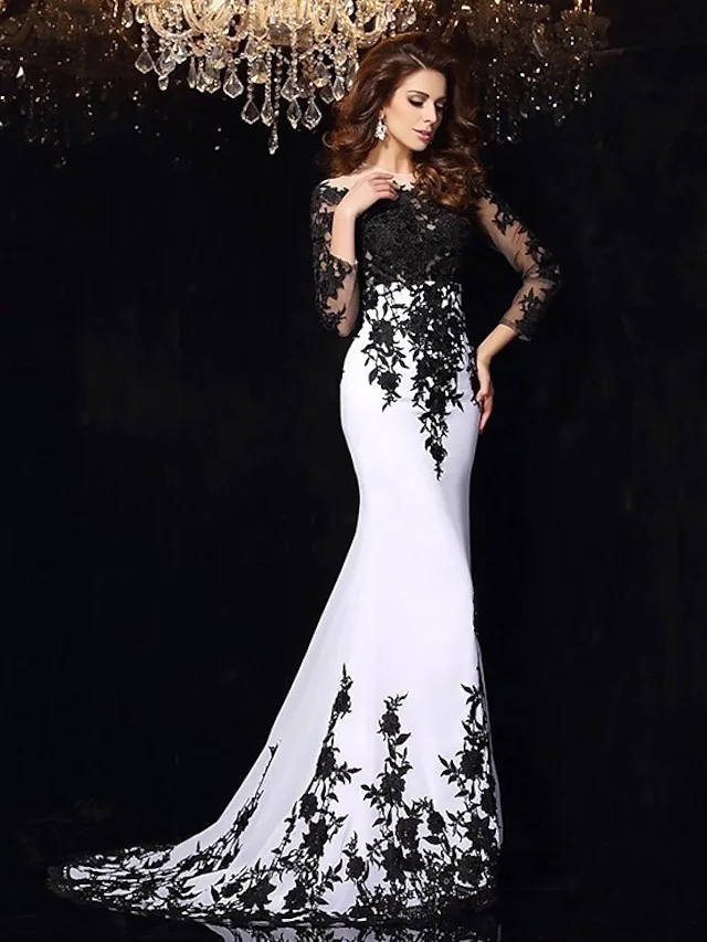 Wedding Dresses Bateau Neck Lace Tulle Lace Over Satin Long Sleeve Sexy Black Illusion Sleeve