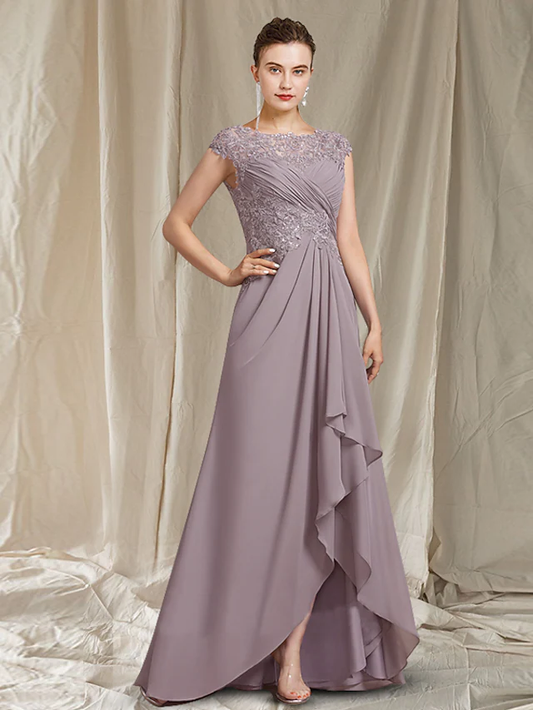 A-Line Mother of the Bride Dress Elegant Jewel Neck Asymmetrical Floor Length Chiffon Lace Short Sleeve