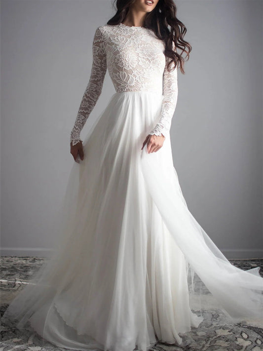 A-Line/Princess Scoop Floor-Length Wedding Dress Open Back