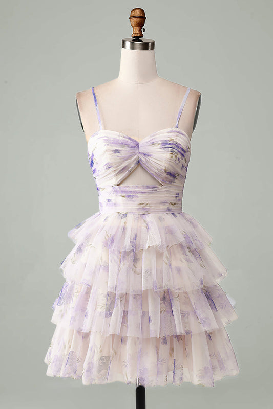 Lavender Flower A-Line Spaghetti Straps Tiered Pleated Short Homecoming Dress Sexy