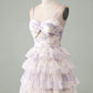 Lavender Flower A-Line Spaghetti Straps Tiered Pleated Short Homecoming Dress Sexy