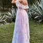 A-Line V-Neck Spaghetti Straps Embroidery Grey Blue Long Prom Dress with Slit Sexy