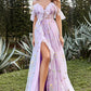 A-Line V-Neck Spaghetti Straps Embroidery Grey Blue Long Prom Dress with Slit Sexy