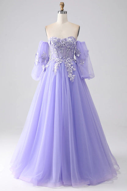 A-Line Strapless Tulle Long Prom Dress with Sleeves Off Shoulder With Flowers