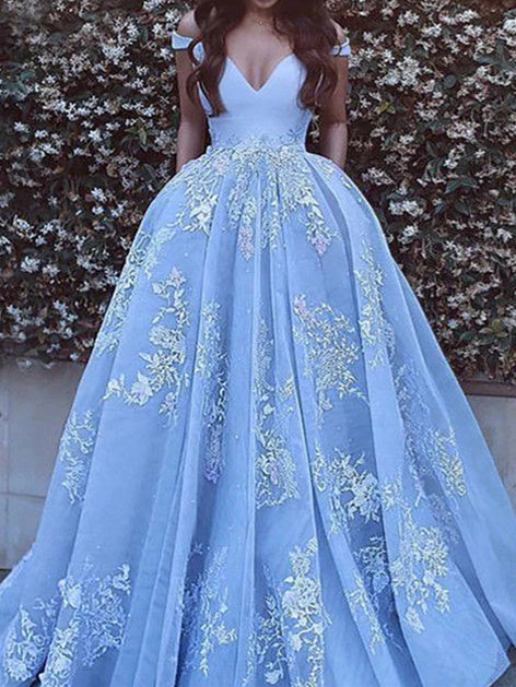 Women's Ball Gown Tulle Off-The-Shoulder Floor-Length Long Prom Dresses Sexy