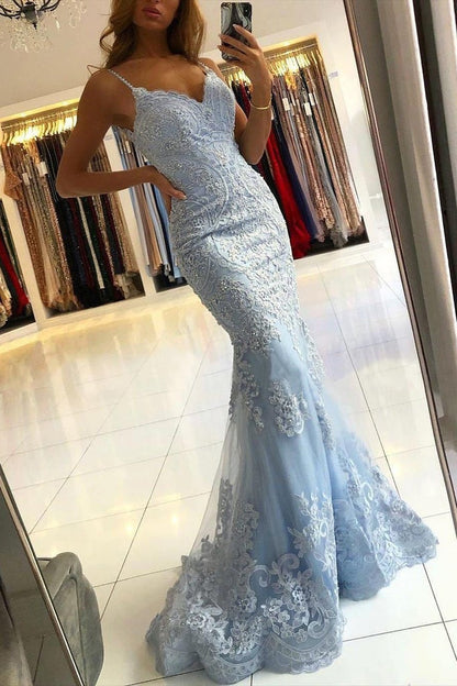 Light Blue V Neck Sleeveless Mermaid Lace Prom Dresses Sweep Train With Appliques Beautiful