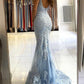 Light Blue V Neck Sleeveless Mermaid Lace Prom Dresses Sweep Train With Appliques Beautiful