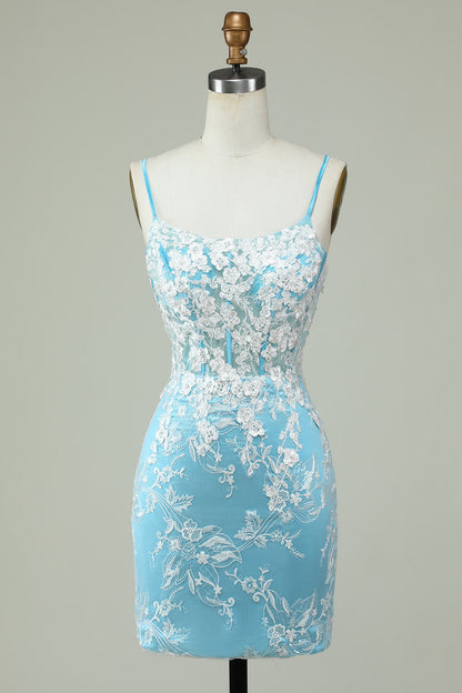 Light Blue Sheath Spaghetti Straps Short Homecoming Dress with Appliques With Flowers