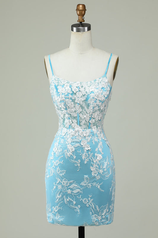Light Blue Sheath Spaghetti Straps Short Homecoming Dress with Appliques With Flowers