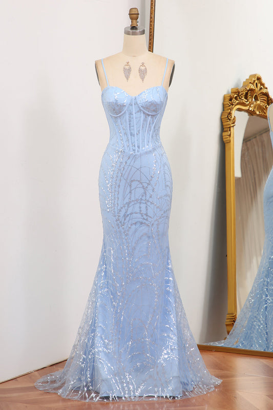 Light Blue Mermaid Spaghetti Straps Long Corset Prom Dress Sexy