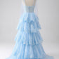 Spaghetti Straps Dark Blue Tiered Sequined Prom Dress with Appliques Sexy