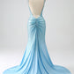 Sparkly Light Blue Mermaid Spaghetti Straps Beaded Long Prom Dress with Slit Sexy Evening Dresses
