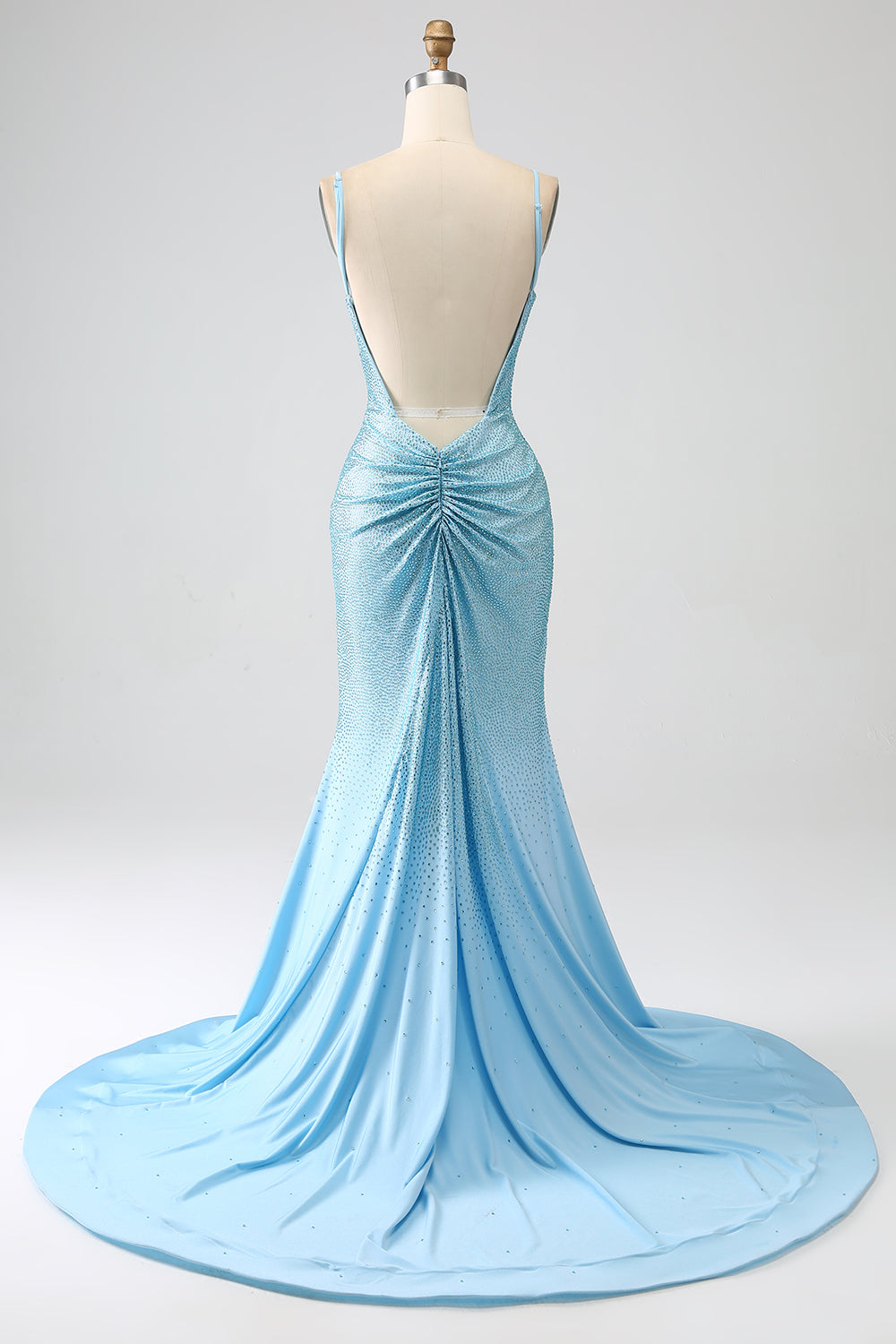 Sparkly Light Blue Mermaid Spaghetti Straps Beaded Long Prom Dress with Slit Sexy Evening Dresses