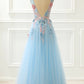 A-Line Princess Prom Dress With Appliques V-neck With Flowers