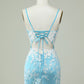 Light Blue Sheath Spaghetti Straps Short Homecoming Dress with Appliques With Flowers