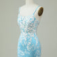 Light Blue Sheath Spaghetti Straps Short Homecoming Dress with Appliques With Flowers