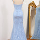 Light Blue Mermaid Spaghetti Straps Long Corset Prom Dress Sexy