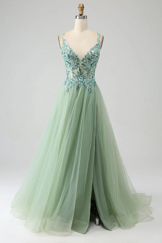 A Line V Neck Long Prom Dress with Appliques Sexy Long