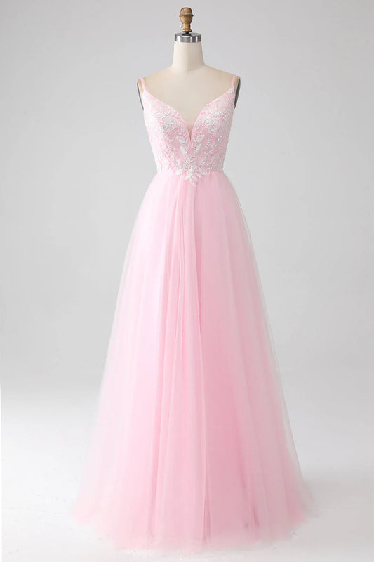 A-Line Spaghetti Straps Prom Dress with Beading V-neck Long