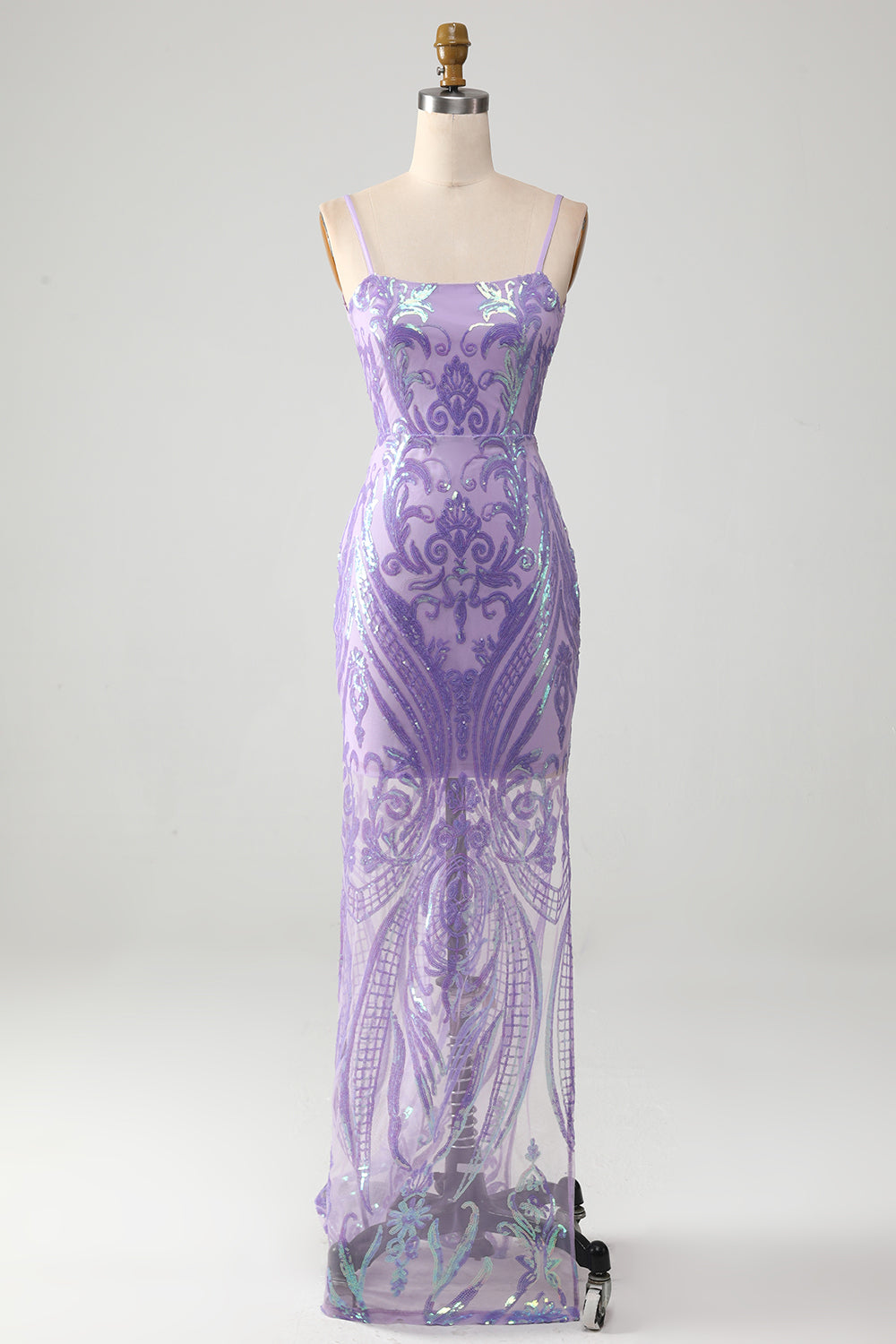 Light Purple Spaghetti Straps Sparkly Sequin Backless Prom Dress Beautiful Long