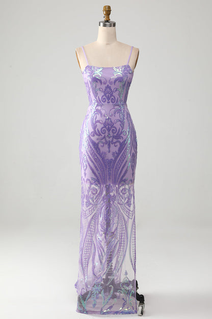 Light Purple Spaghetti Straps Sparkly Sequin Backless Prom Dress Beautiful Long
