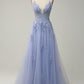 A Line Spaghetti Straps Grey Blue Long Prom Dress with Appliques Sexy
