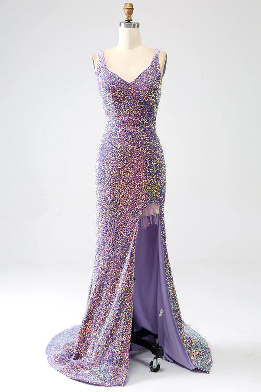 Mermaid Sequins Prom Dress with Slit V-neck Sparkly Long