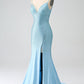 Sparkly Light Blue Mermaid Spaghetti Straps Beaded Long Prom Dress with Slit Sexy Evening Dresses