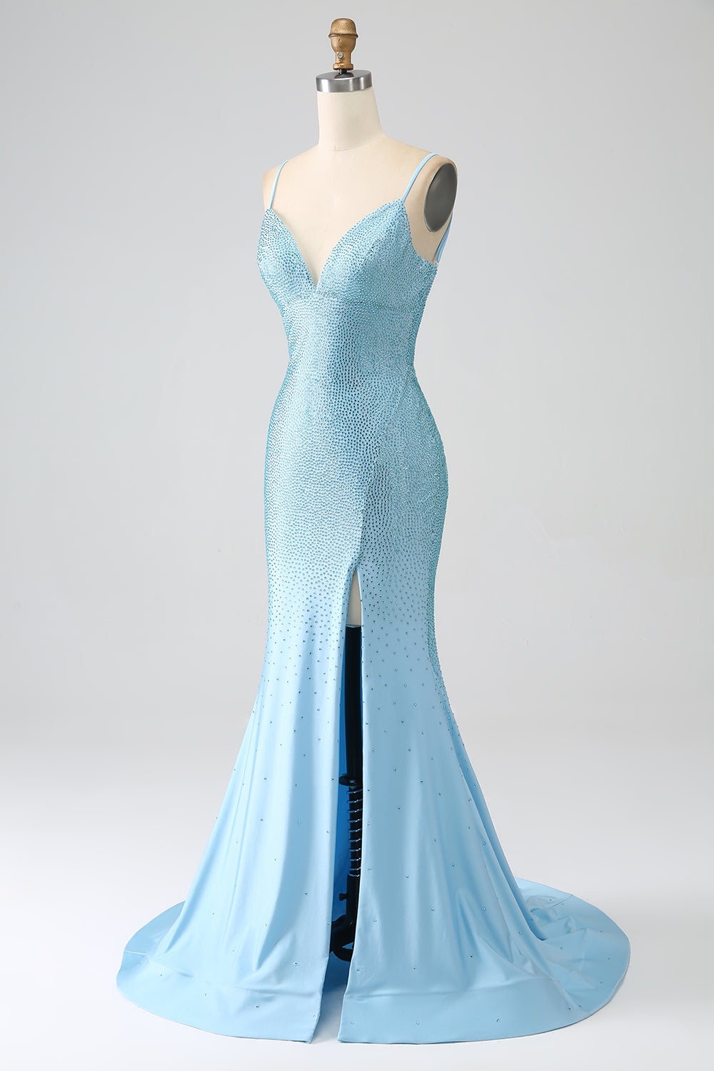 Sparkly Light Blue Mermaid Spaghetti Straps Beaded Long Prom Dress with Slit Sexy Evening Dresses