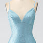 Sparkly Light Blue Mermaid Spaghetti Straps Beaded Long Prom Dress with Slit Sexy Evening Dresses