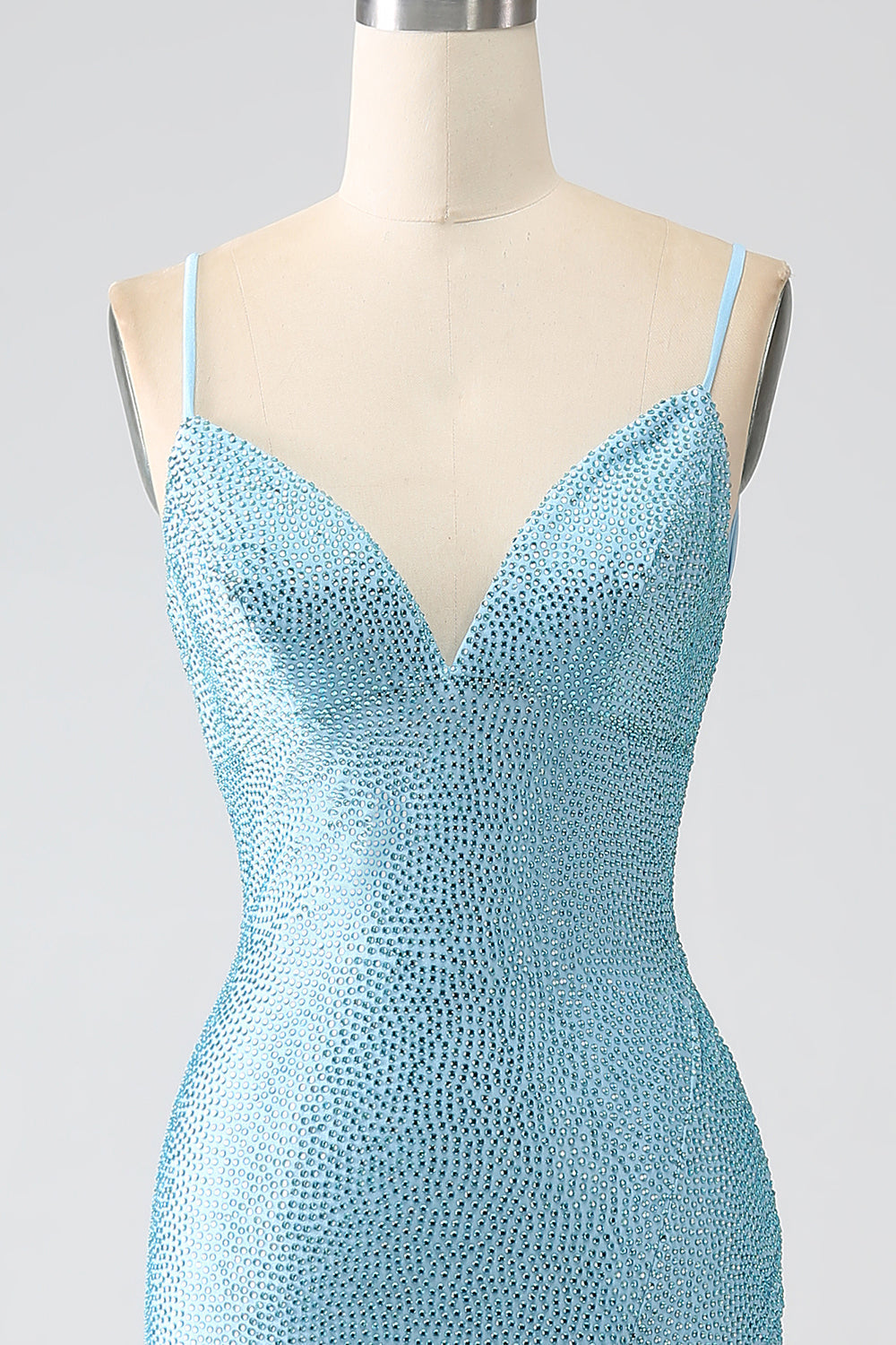 Sparkly Light Blue Mermaid Spaghetti Straps Beaded Long Prom Dress with Slit Sexy Evening Dresses