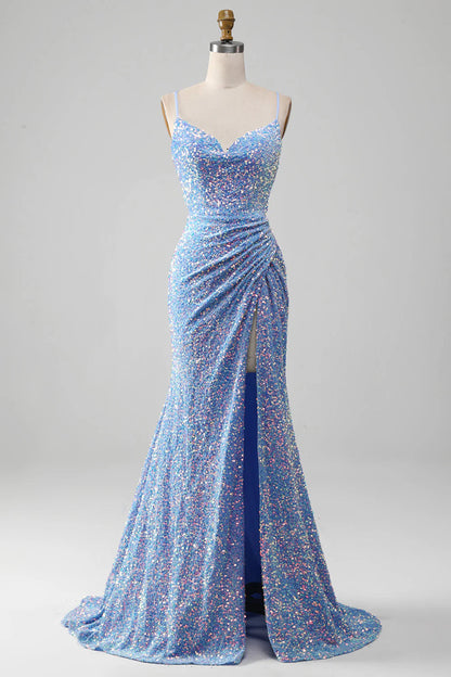 Mermaid Prom Dress with Slit V-neck Sparkly Sexy Light Blue