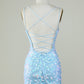 Sparkly Lace-Up Back Light Blue Homecoming Dress V-neck Sexy