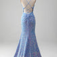 Mermaid Prom Dress with Slit V-neck Sparkly Sexy Light Blue