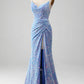 Mermaid Prom Dress with Slit V-neck Sparkly Sexy Light Blue