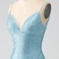 Sparkly Light Blue Mermaid Spaghetti Straps Beaded Long Prom Dress with Slit Sexy Evening Dresses