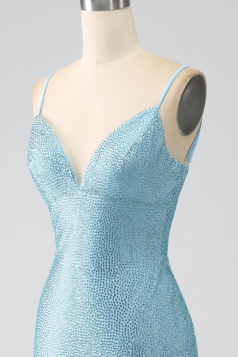 Sparkly Light Blue Mermaid Spaghetti Straps Beaded Long Prom Dress with Slit Sexy Evening Dresses