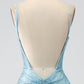 Sparkly Light Blue Mermaid Spaghetti Straps Beaded Long Prom Dress with Slit Sexy Evening Dresses