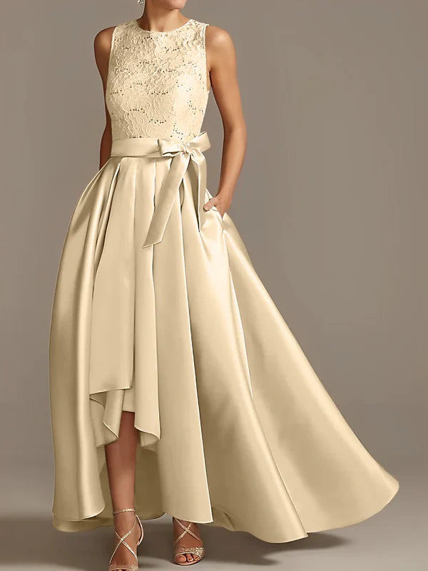 A-line/Princess collar sleeveless pleated lace mother of the bride dress Evening Dresses With Bow