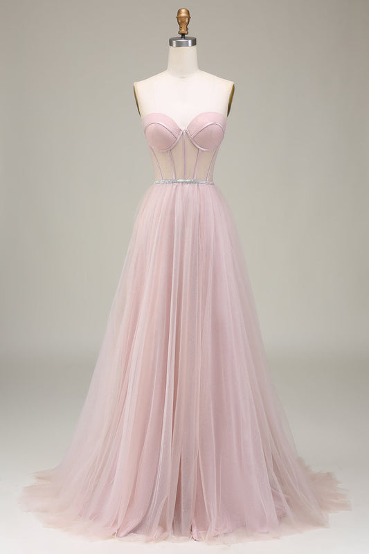 Tulle Sweetheart Light Pink Prom Dress with Corset Off Shoulder Sexy