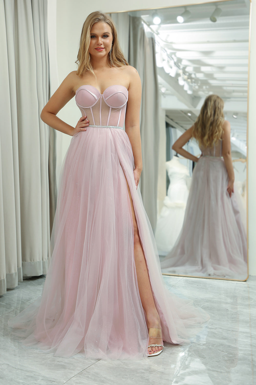 Tulle Sweetheart Light Pink Prom Dress with Corset Off Shoulder Sexy