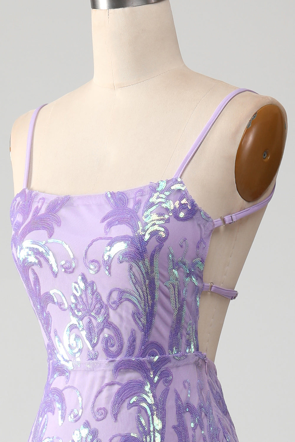 Light Purple Spaghetti Straps Sparkly Sequin Backless Prom Dress Beautiful Long